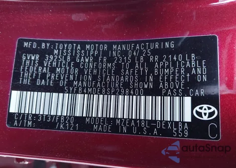 2025 Toyota Corolla Le from USA, damaged, VIN 5YFB4MDE8SP298400